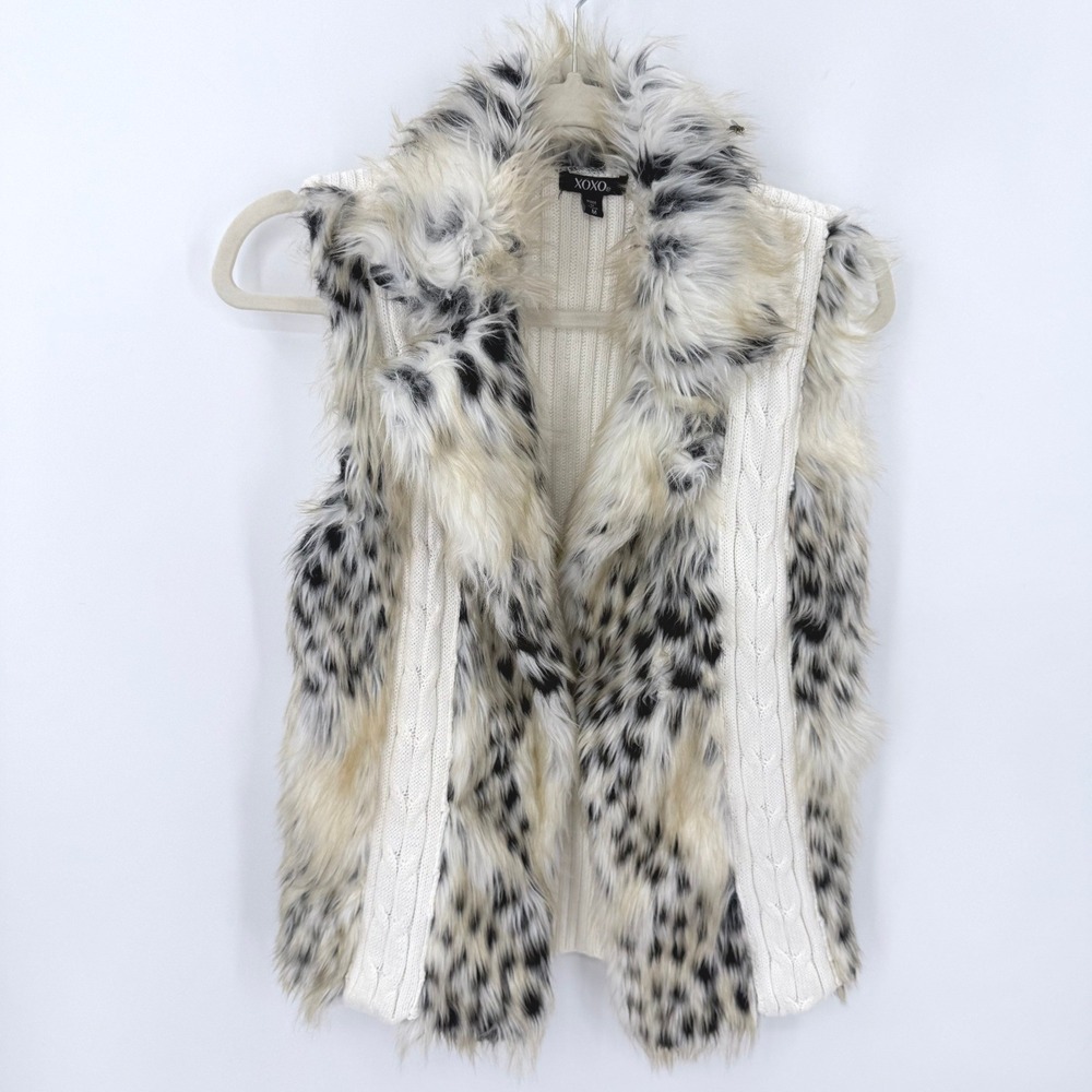XOXO Womens Faux Fur Cable Knit Vest Cream Black Spotted Animal Print Medium Y2k